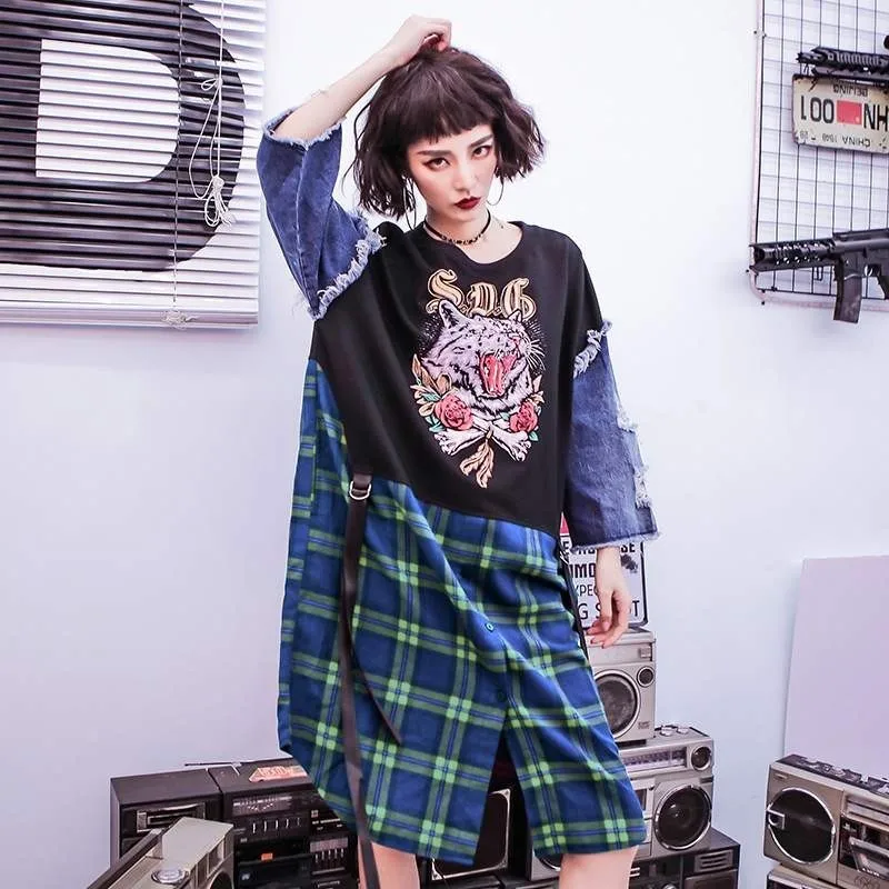 Harajuka хип хоп стиль рваные клетчатые джинсовые Лоскутные поддельные две части