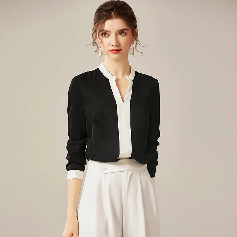 100% Silk Blouse Women Shirt Patchwork Printed Elegant Design V Neck Three Quarter Sleeve Top Casual Simple Style New Fashion