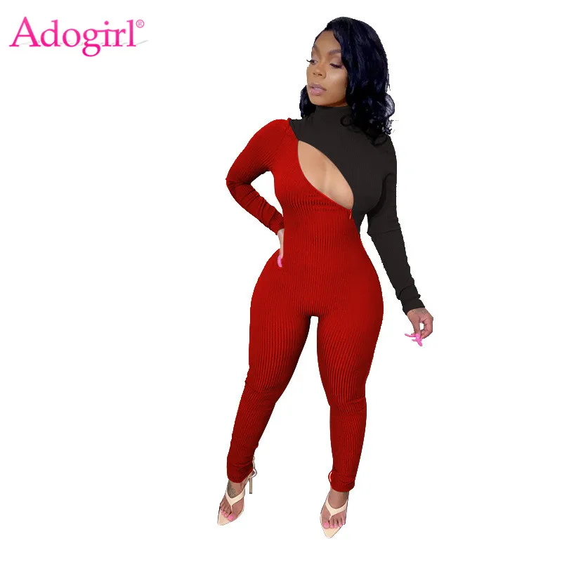 

Adogirl Color Patchwork Front Zipper Ribbed Jumpsuit Mock Neck Long Sleeve Skinny Romper Knitted Overalls Fashion Outfits