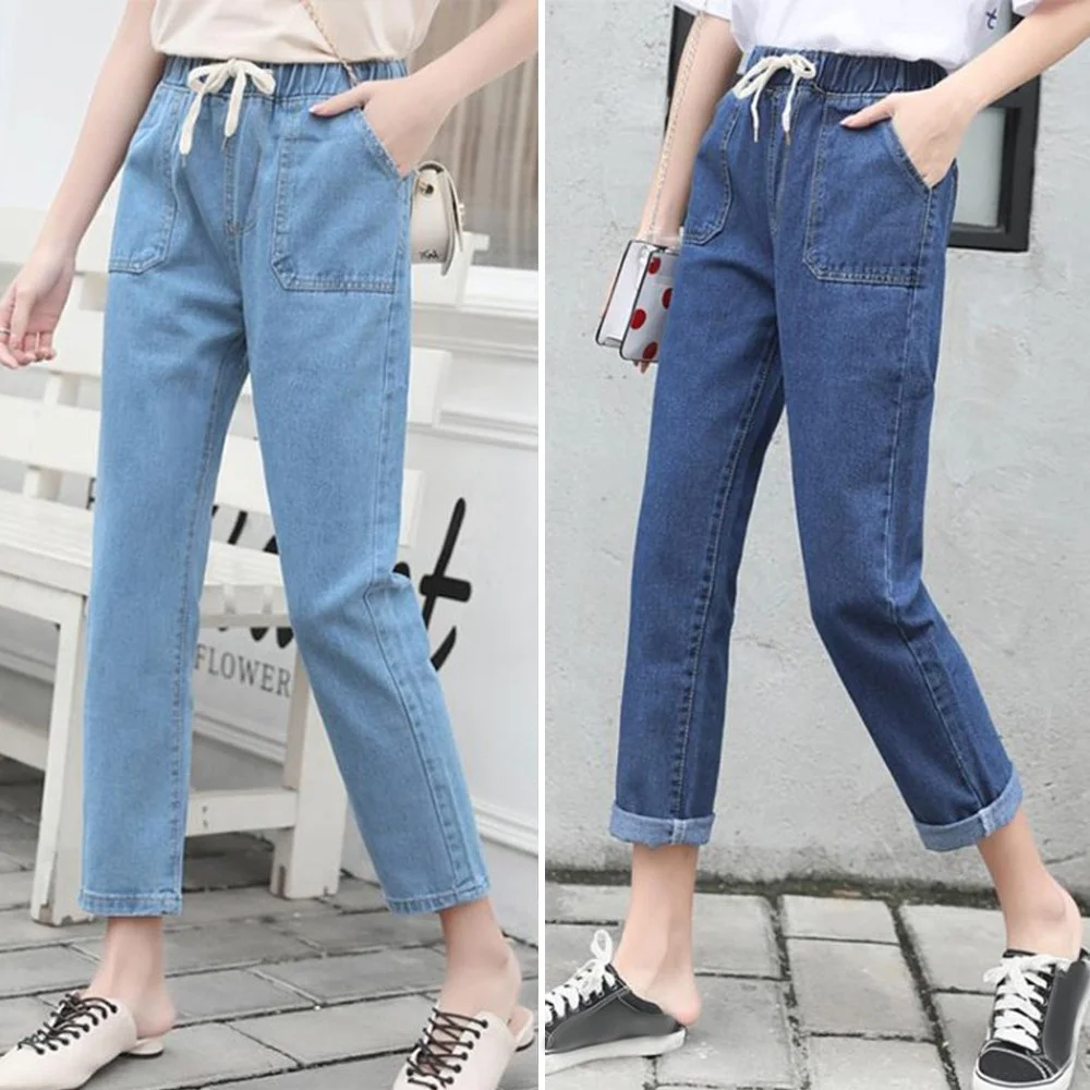 

Женские шаровары, повседневные Прямые джинсы, джинсы из джинсовой ткани с поясом на резинке, джинсовые брюки со шнуровкой