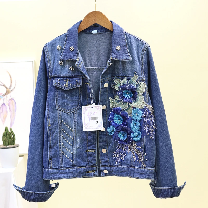 2020 Весенняя новинка джинсовая куртка с бисером и блестками Женская винтажная