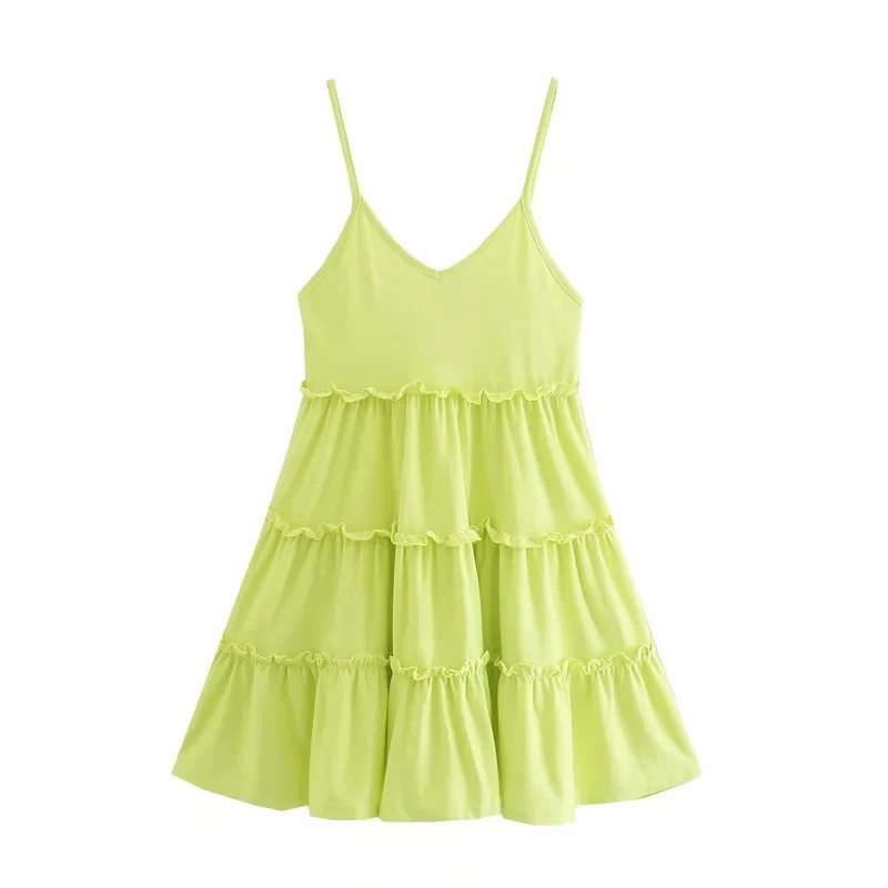 

PPYQYKX Za 2021 Summer Women's Fashion V-neck Laminated Sling Mini Dress Ladies Retro Casual Chic Ruffled Sling Party Mini Dress