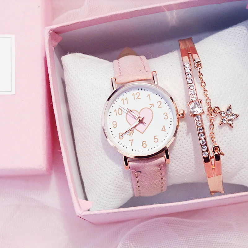 

Fashion Cute 2021 Women Watches Casual Leather Strap Bracelet Lovely Girl Wrist Watch Pink Heart Shape Clocks Relogio Feminino