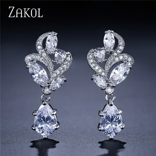 White Earrings Изысканные ювелирные изделия в виде цветка из белого циркония ZAKOL с модным кристаллом маркиза, наборы ювелирных изделий для невесты/Женские аксессуары FSSP268 - Окраска металла: White Earrings