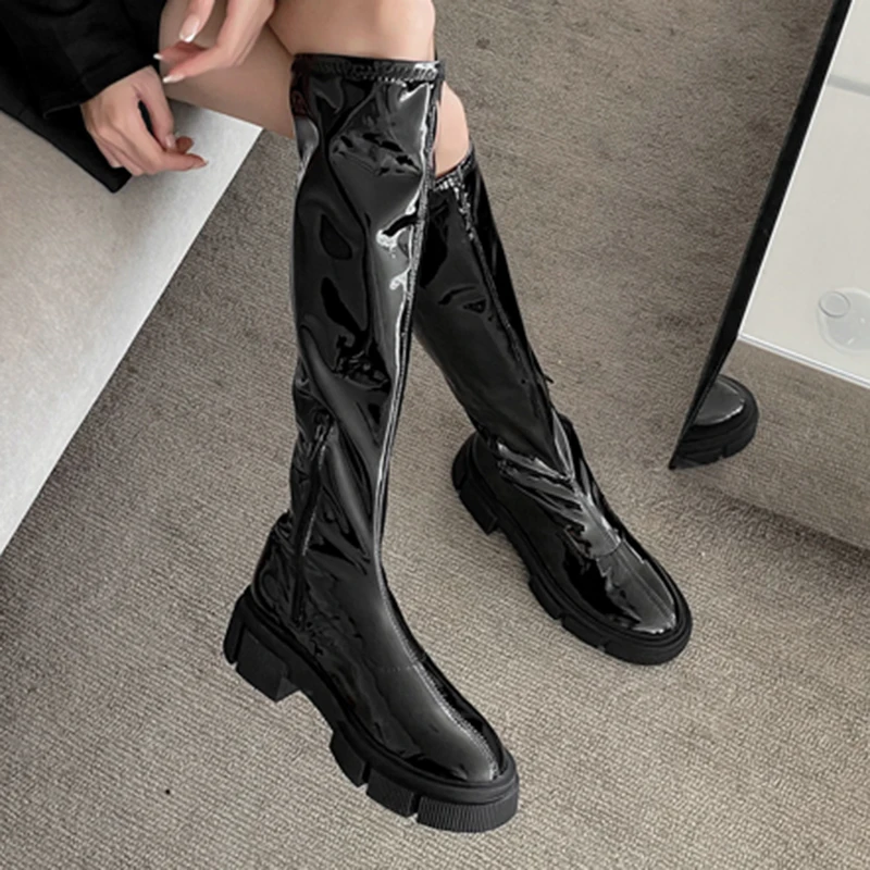 Rimocy 2021 Autumn Winter Elastic Long Boots Women Patent Leather Thick Bottom Knee High Boots Woman Side Zipper Platform Shoes