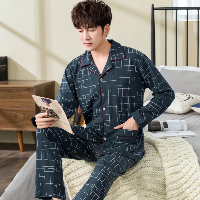 Bedroom Cotton Sleepwear Fashion Casual Loose Thin Long Sleeve Autumn Comfy Set Sleepwear Szata Zestawy Men's Sleep DB60SY