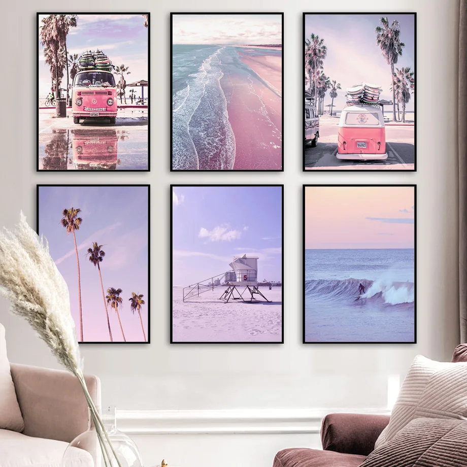 

Nordic Posters And Prints Purple Sea Beach Bus Sky Surf Wall Art Canvas Painting Landscape Pictures For Living Room Home Decor
