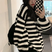 warm thick striped pullover sweater female students wear retro lazy round neck sweater loose top in autumn and winter harajuku