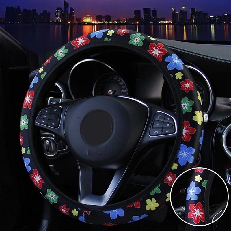 

1pc Steering Cover 38CM Cute Flower Printed Elastic Interior Accessories