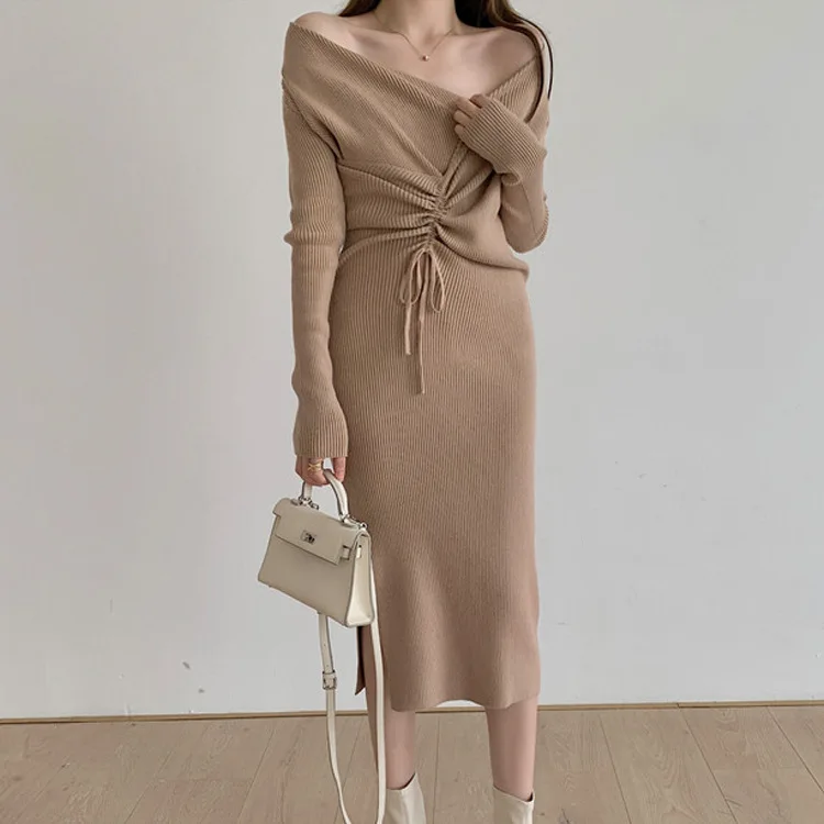 

Autumn Winter Women Sexy V-neck Dress Long Sleeve Elegant Office All-match Bottom Long Dresses Laides Party Slim Female Vestidos