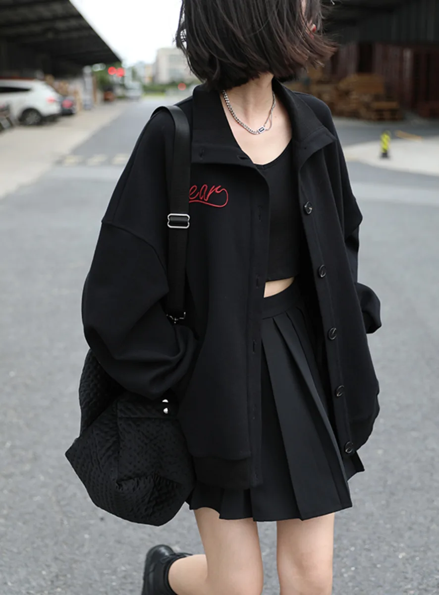 

Женская свободная куртка с длинным рукавом, Повседневная осенняя куртка с вышитыми буквами и воротником-стойкой