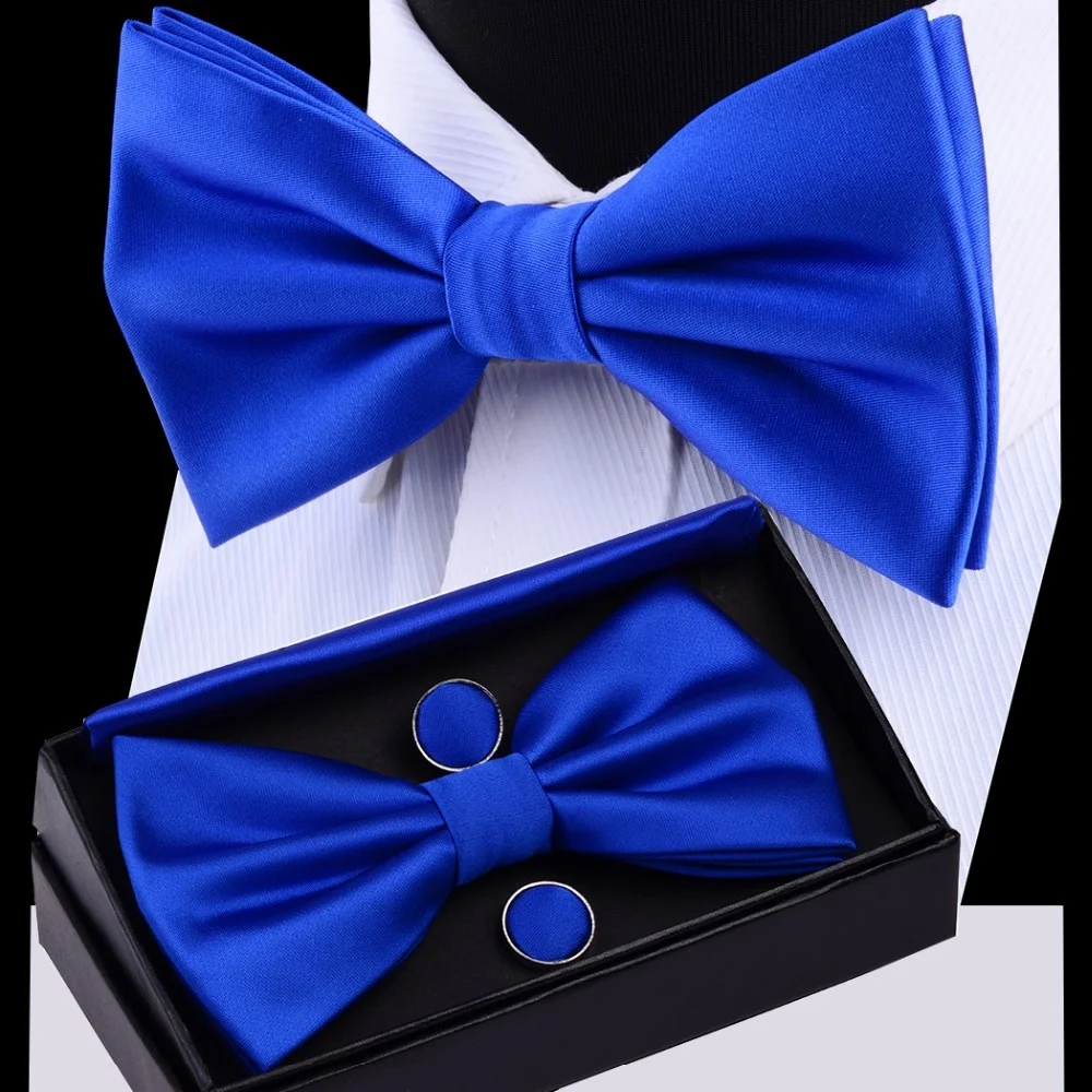 

Mens Bow Tie Set Solid Double Fold Bow Ties Waterproof Plain Blue Bowtie Hanky Cufflinks Gift Box For Men Wedding Gift