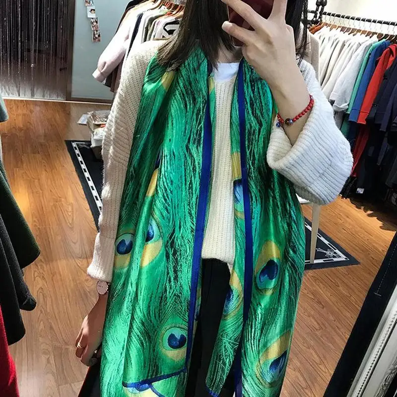 180 см зеленое перо павлина шелковая шаль шарф Испания фуляр шапки животных