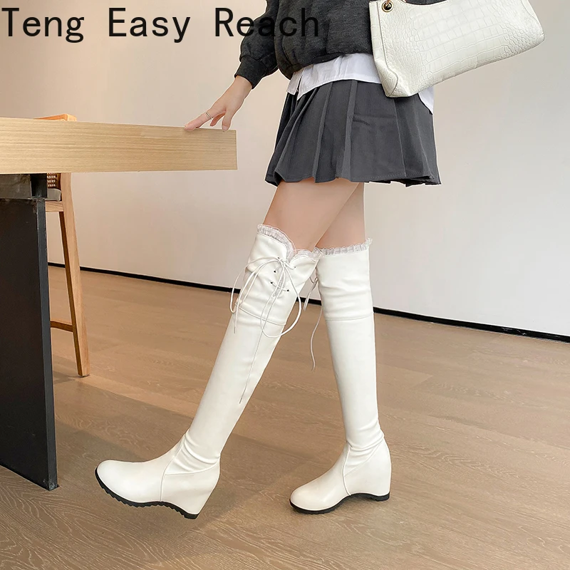 

Fashion Thigh High Boots Women Black White Sexy Stretch Over The Knee Boot Female Height Increasing Wedge Autumn Tall Long Shoes