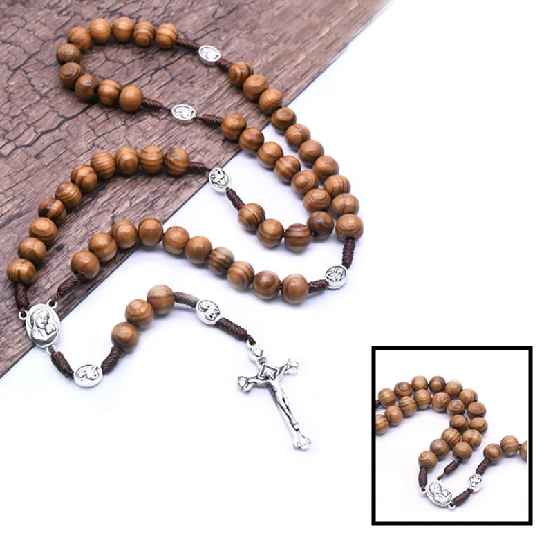 

Handmade Rosary Cross Pendant Necklace Unisex Anniversary Gift Alloy Madonna Jesus Catholic With Pine Beads Jewelry