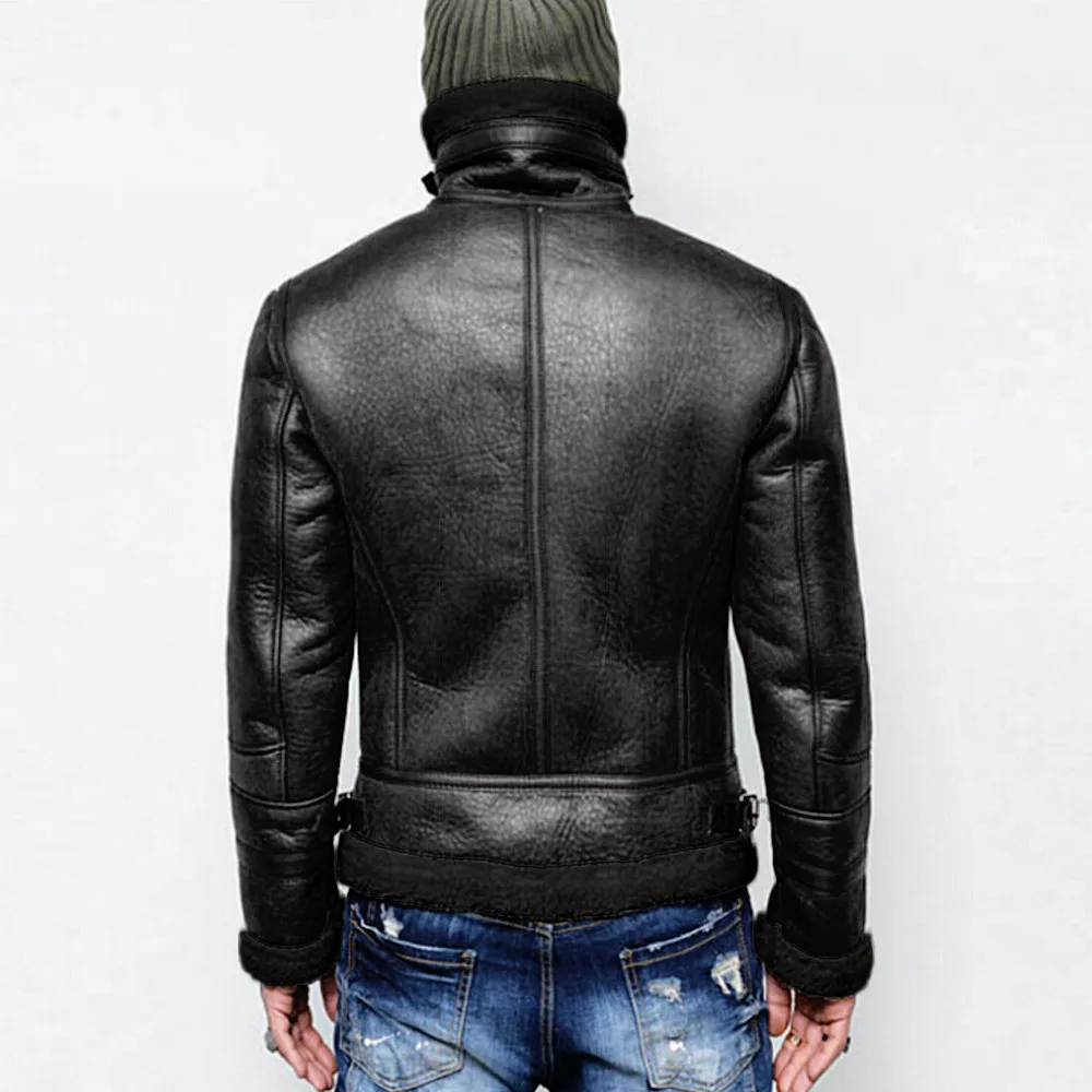 Куртка из натуральной кожи мужская осень-зима с высоким воротником, теплым меховым подкладом, лацканами, молнией для мотоцикла и ветрозащитной верхней одеждой, повседневное мужское пальто #40.