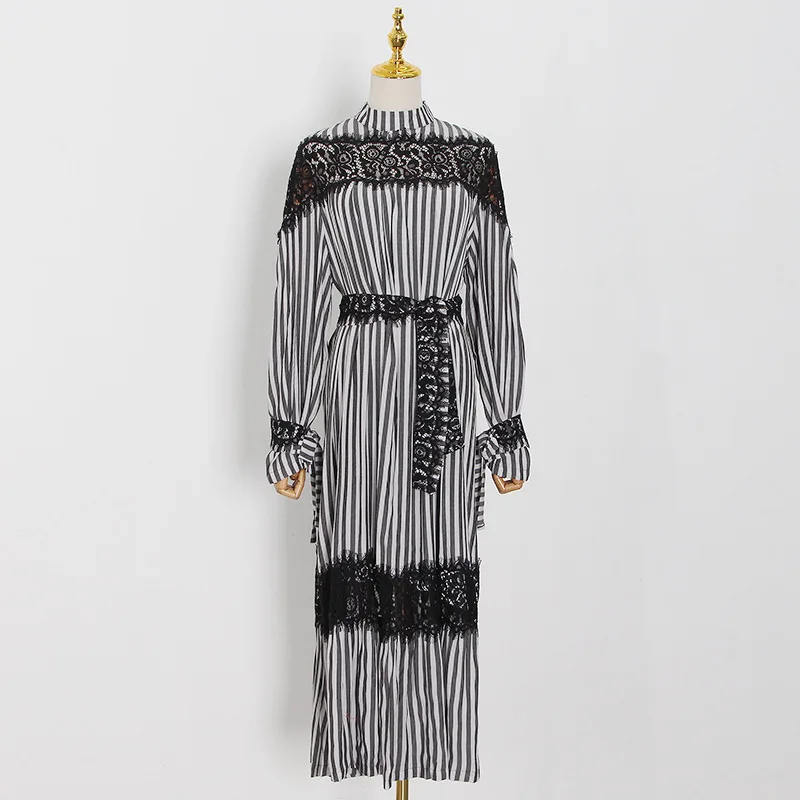 

Spring 2021 Street Retro Casual Fashion Brand Sexy Ruffles Stitching Lace Waist Slim Stripes Long Dress