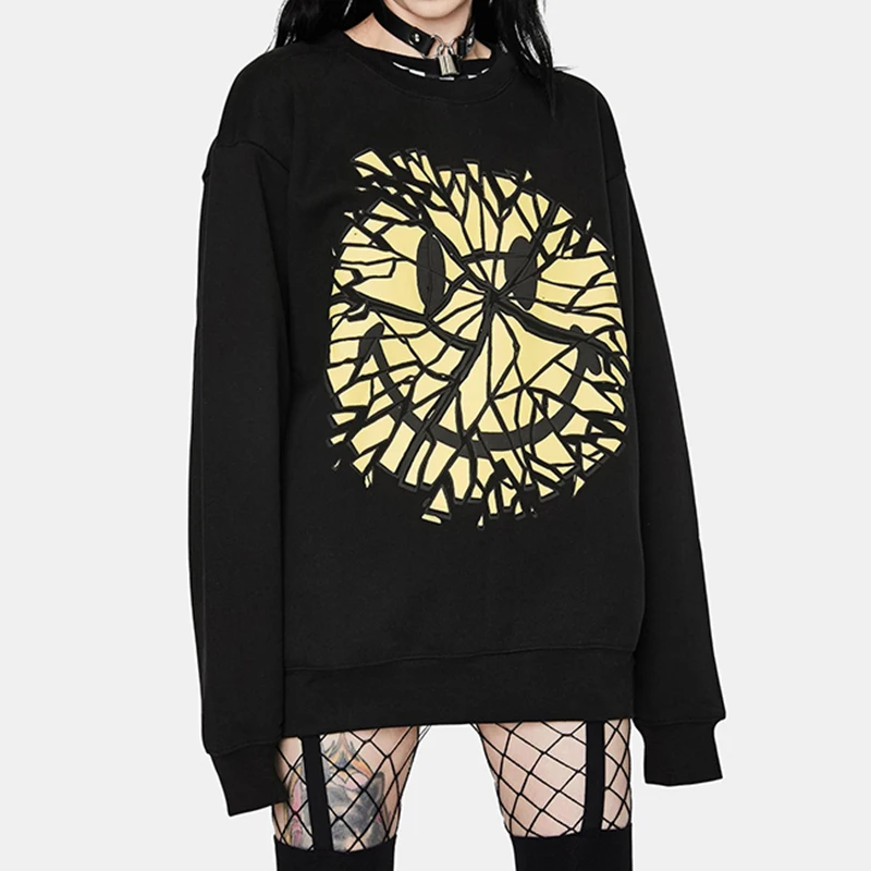 

Cozok Goth Smile Emo Graphic Print Sweatshirts Y2k Harajuku Punk Black O Neck Loose Hoodies Streetwear E Girl Autumn Clothes