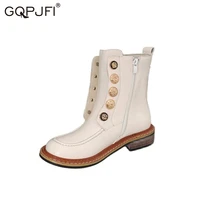 european style spring autumn white black womens shoes pu round toe thick bottom rough heel zipper rivet martin motorcycle boots