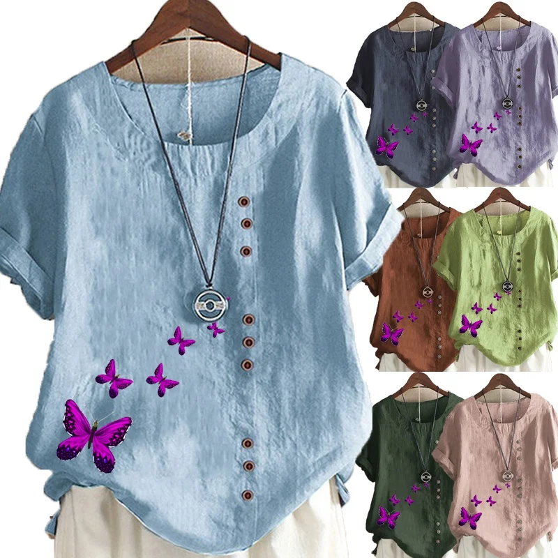 

New Women Summer Casual Butterfly Print Loose T-shirts Vintage Round Neck Plus Size Short Sleeve Blouse Tops S-5XL