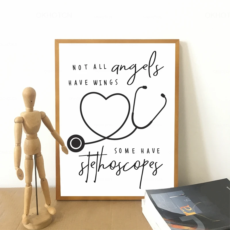 

Not All Angel Have Wings Some Have Stethoscopes Art Canvas Painting Black And White Nurse Doctor Quotes Print Poster