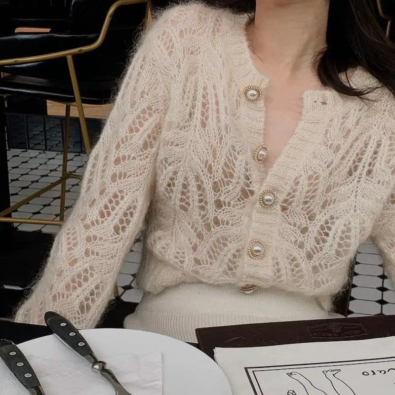 

2021 spring summer fairy sweater pearl loose coat white hollow knitting cardigan girl