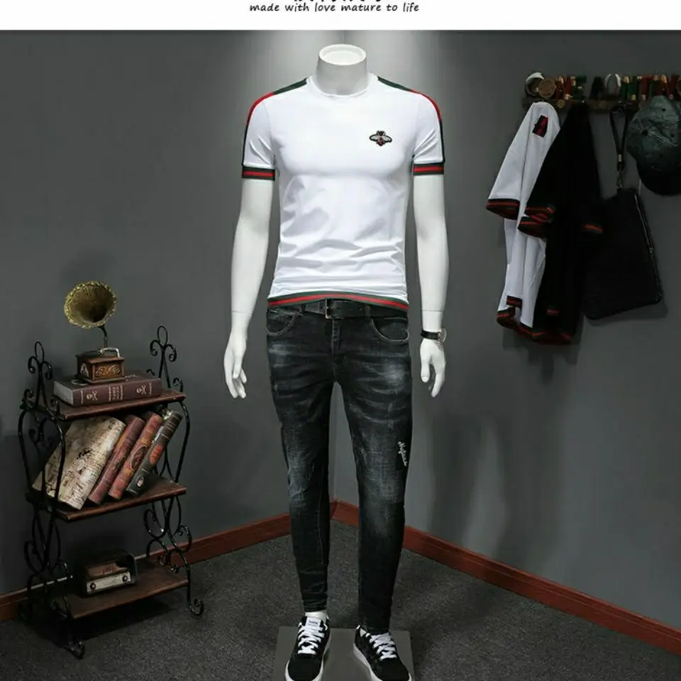 

Fashion men's Mercerized Cotton tide brand bee embroidery summer short sleeve men's T-shirt slim round neck large half sleeve