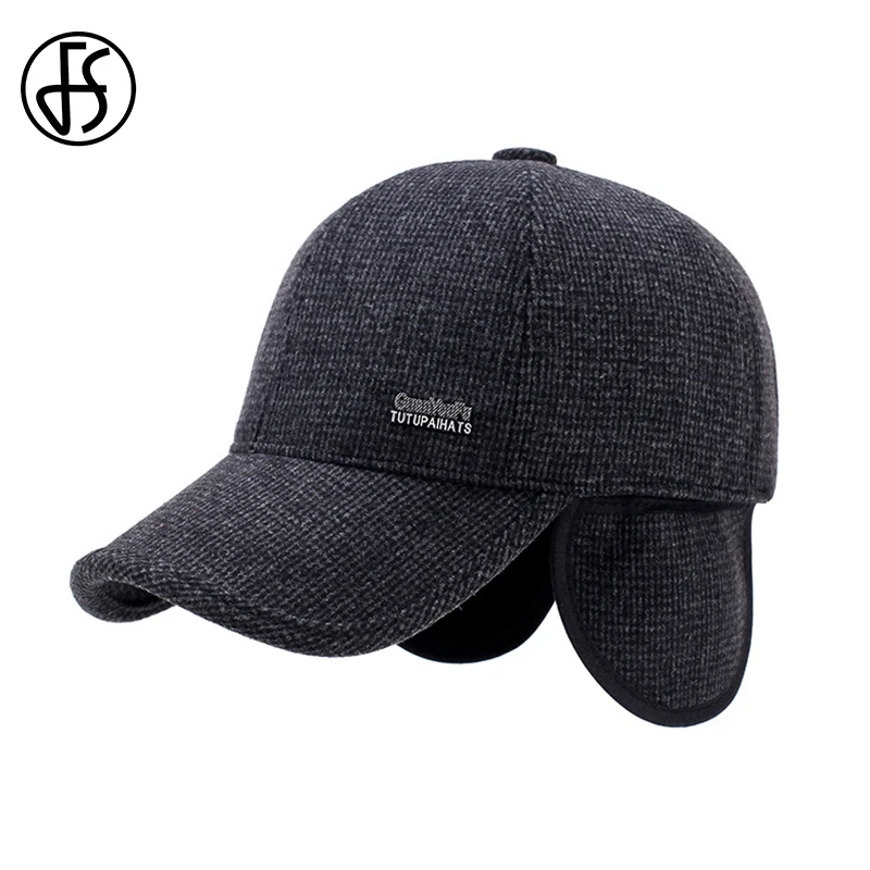 FS Fashion Dad Hat Black Gray Winter Baseball Cap Ear Flaps Women Men Thick Warm Earmuffs Snapback Caps Gorras Para Hombre | Аксессуары