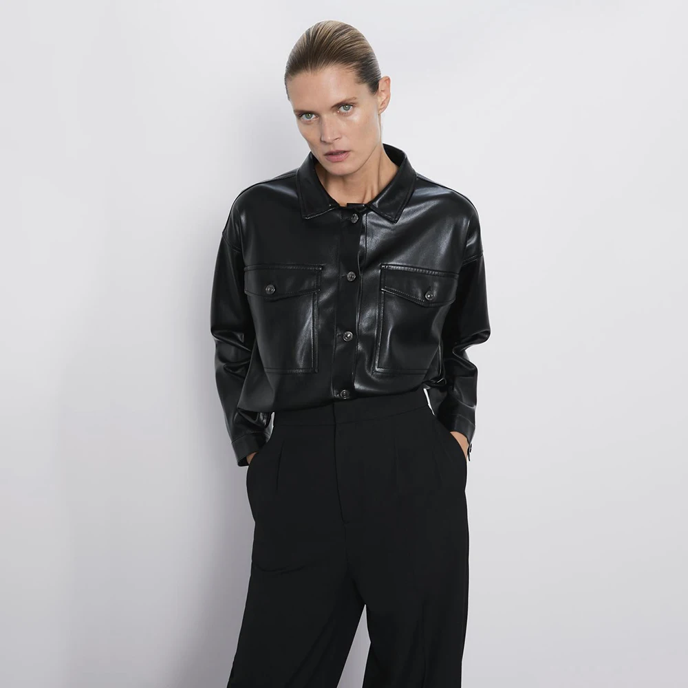 Женское черное пальто из искусственной кожи ZA Трендовое с отложным воротником и