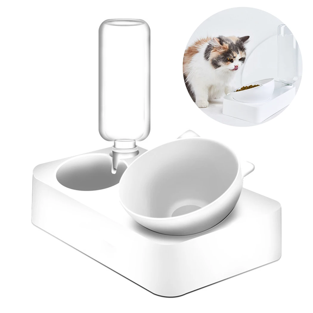 

Pet Bowls 15° Adjustable Cat Shape Cat Bowl Cat Feeding Bowl With Water Bottle 2 In 1 Pet Food Water Feeder Pet Feeding Supplies