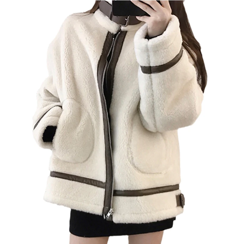 

Autumn Winter Women Chic Panelled Warm Lambswool Parkas Fashion Double Pockets Jackets Lady Turn-down Collar All-match Coats