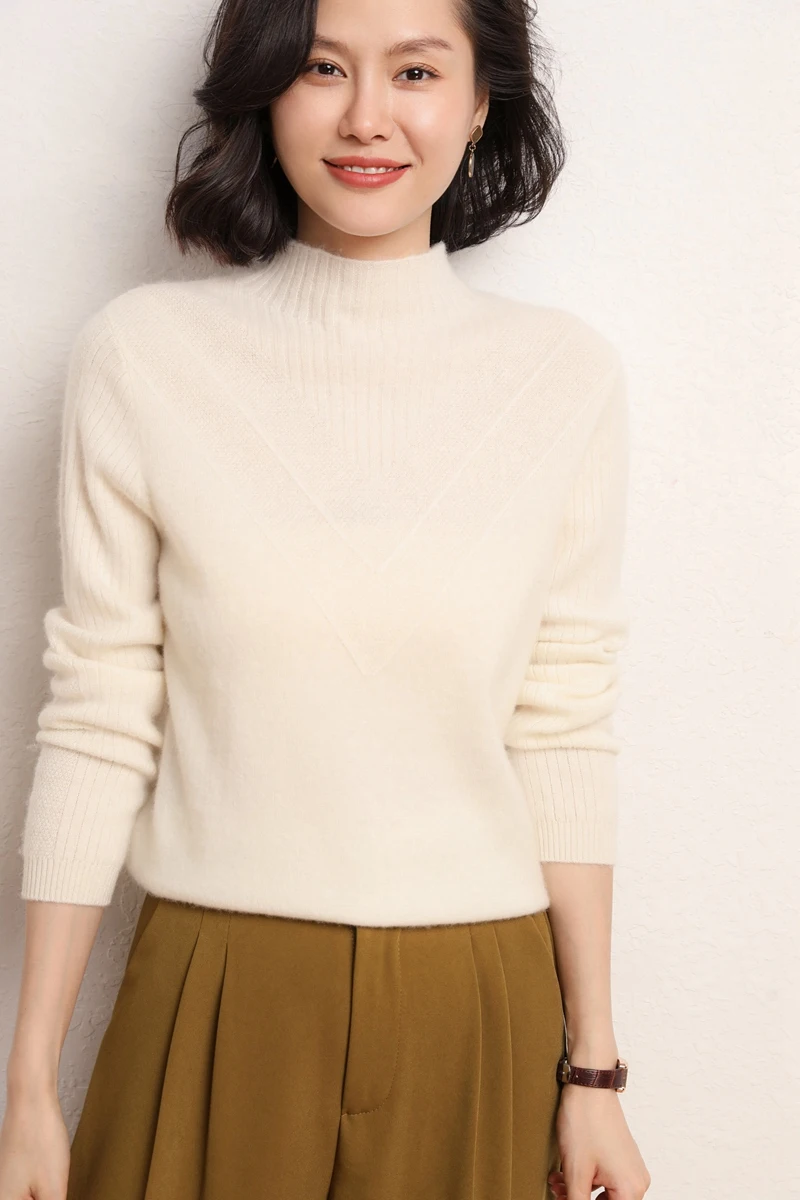 

Женский однотонный вязаный свитер из 100%-ной шерсти с круглым вырезом и длинными рукавами