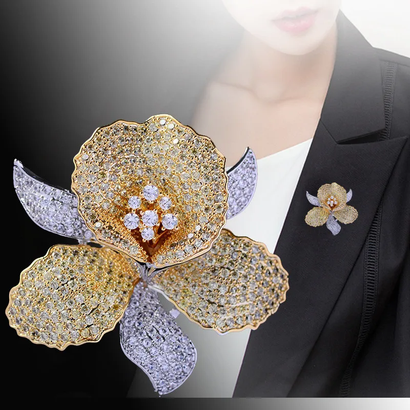 

OKILY Luxurious Cubic Zirconia Orchid Flower Brooch Pin Delicate Rhinestone Floral Pins and Brooches for Women Valentine's Gift