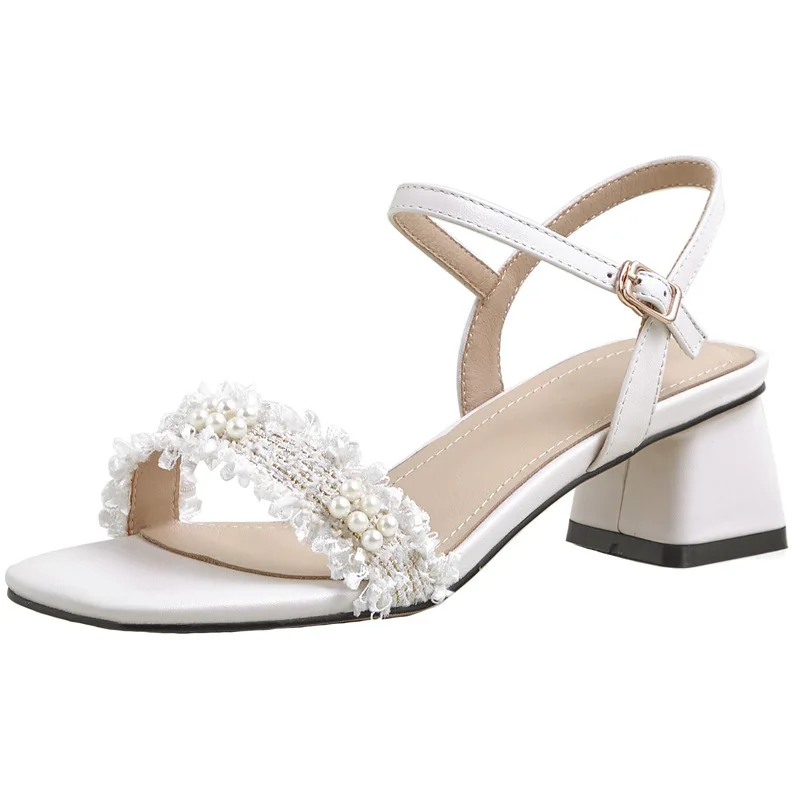 

Pearl Sandals Black Shoes for Women 2021 Summer Buckle Strap Med Open Toe Large Size Clear Heels Beige Medium Comfort New Peep B