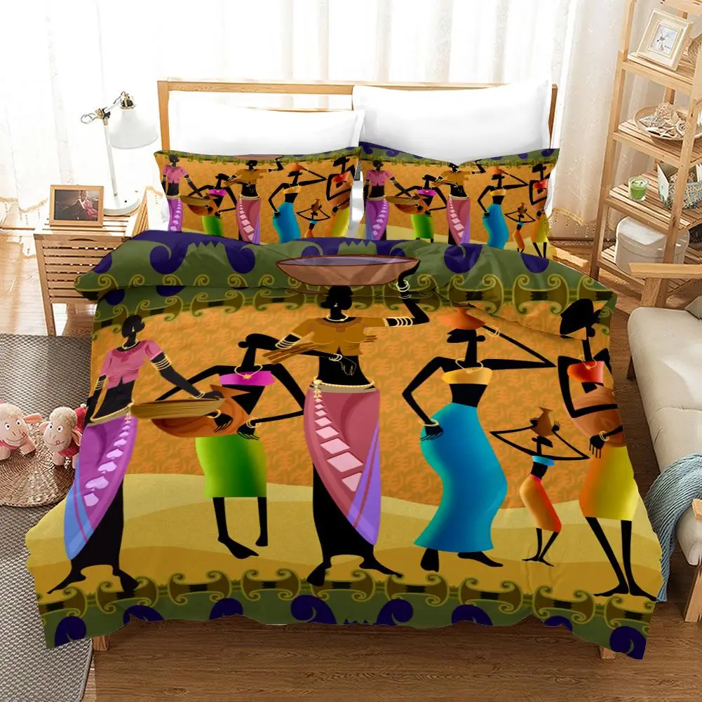

3Pcs African women printing bedding set down quilt cover luxury bed sheet pillow case