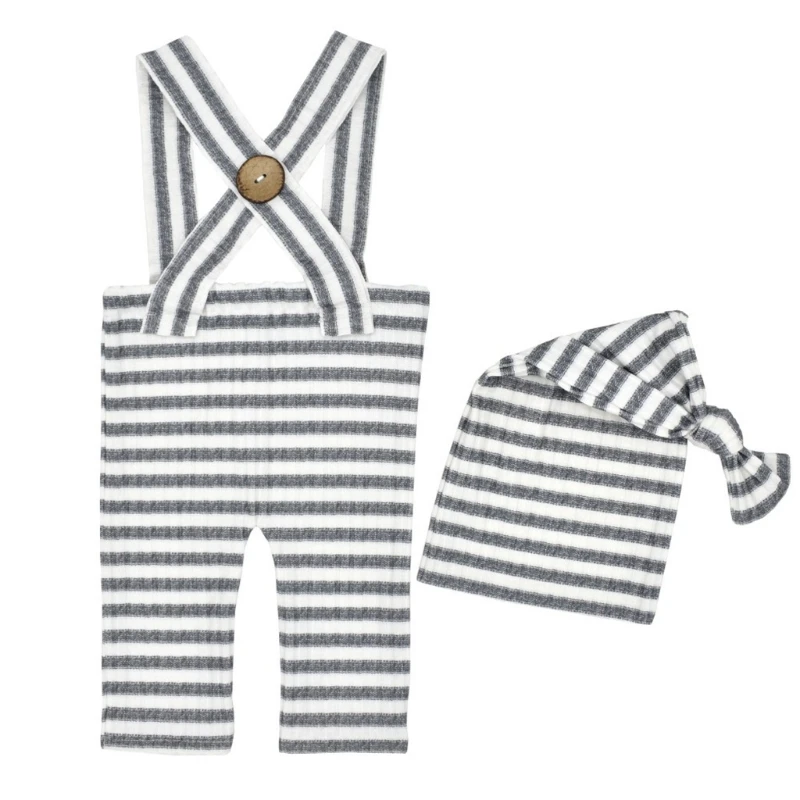 

2 Pcs Baby Stripe Romper Long Tail Knotted Hat Set Newborn Photography Props Strap Pants Cap Outfits Infants Photo Shooting