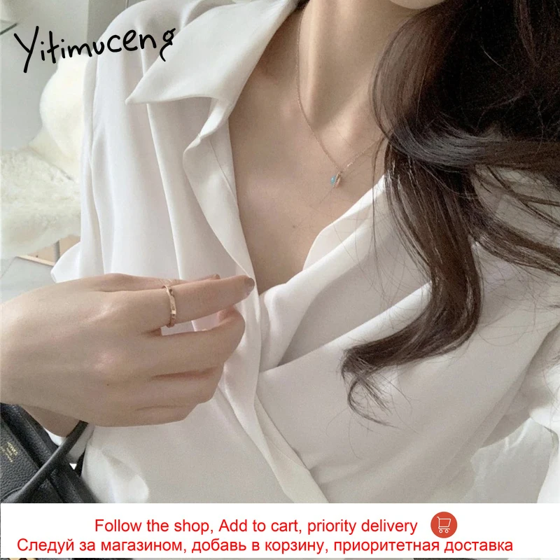 

Yitimuceng Asymmetrical Shirt Women Slim Office Lady Tops Korean Fashion Blouse White Pink Long Sleeve 2021 Spring Summer New