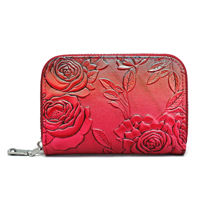 Rose red Женский кошелек из натуральной кожи, Ретро стиль, вышивка, цветочный узор, на молнии, клатч, много отделений для карт, держатель для удостоверения личности, Женский кошелек для монет - Цвет: Rose red