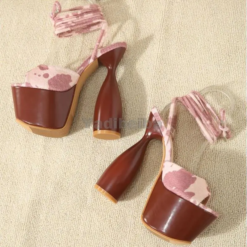 

2022 Women Shoes Roman Double Color Fashion Peep Toe Ankle Cross Lace-up Chunky Heels Sandals Women Party Dress Shoes Size 41