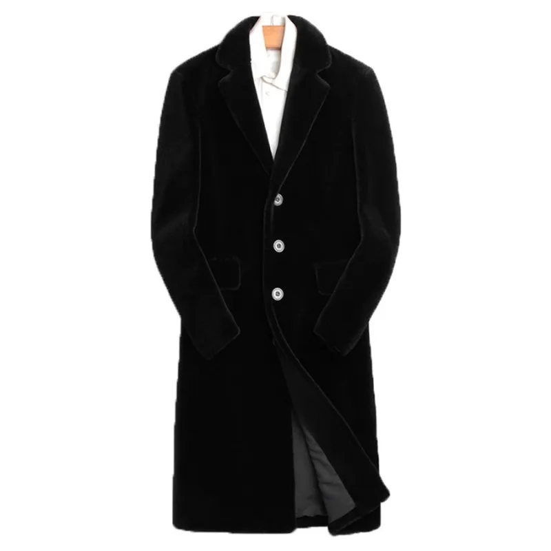Мужское пальто с овчиной стрижкой черная длинная теплая парка на одной пуговице