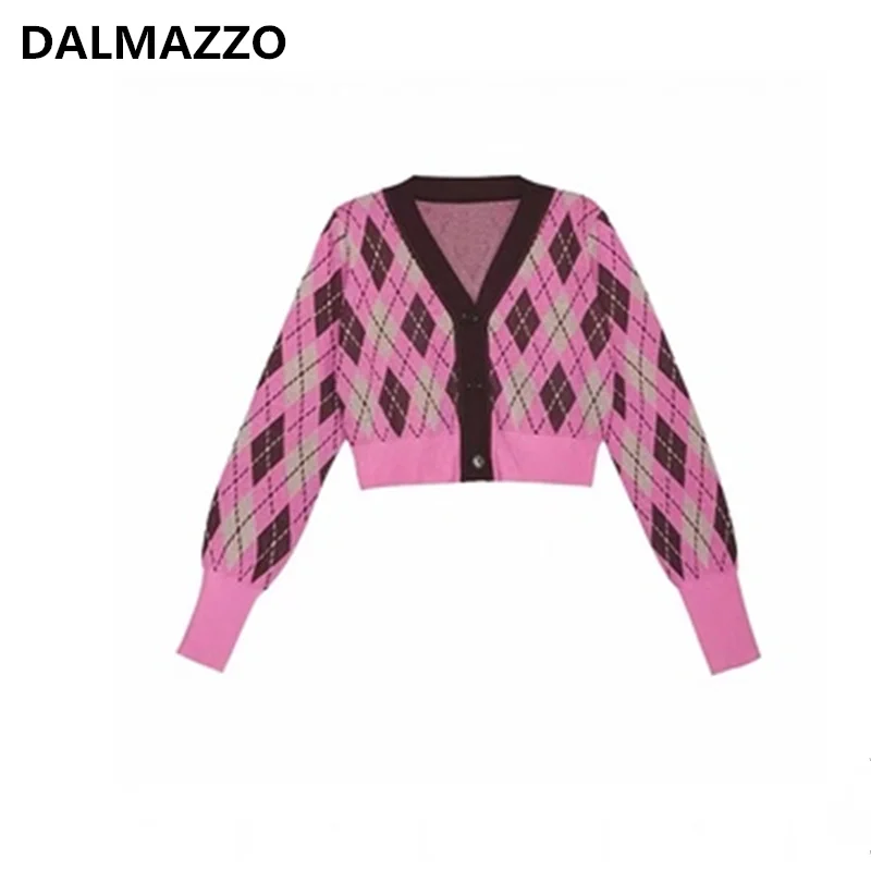 

DALMAZZO New Autumn Women V Neck Single-Breasted Knitted Cardigan Short Sweater Retro Patchwork Color Coat Tops Female