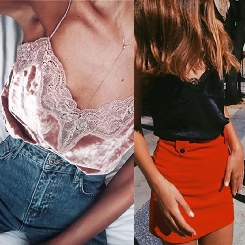 Summer Women's Lace Floral Camiser V Neck Tops Sleeveless Strap Velvet Solid Pink Red Blue Black Sexy Camisole | Женская одежда