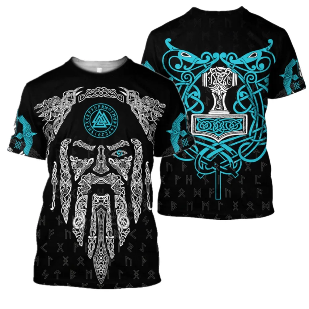

Harajuku Fashion Short Sleeve T-shirt Viking Symbol Tattoo Crow 3D Printed T-shirt Summer Street Clothing Unisex Top