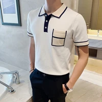 camisa masculina polo mens short sleeved knitted polo shirt summer contrast color pocket british slim lapel ice silk mode homme