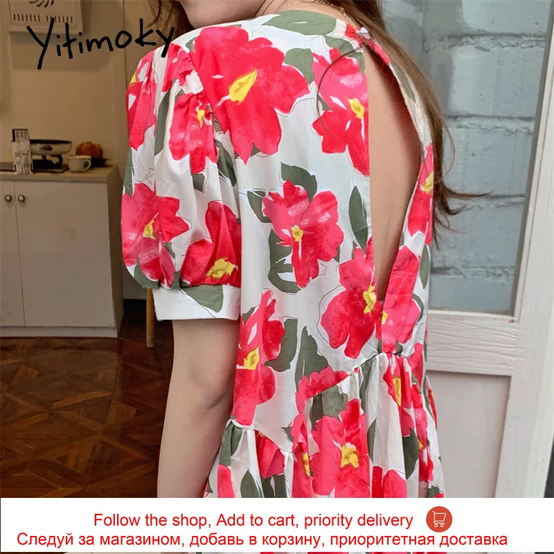 

Yitimoky Vintage Woman Dress O-Neck Puff Short Sleeve Floral Printing 2021 Summer Fashion New Backless Loose Waist Day-dresses