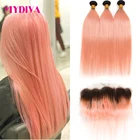 1Bрозовые пряди с фронтальной бразильской прямой Remy натуральные кудрявые пучки волос темные корни розовые человеческие волосы пряди с фронтальной