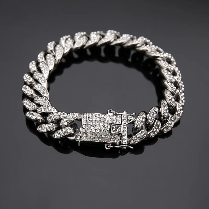

2021 Popular European and American Style Hiphop Hip Hop Personality Rhinestone Jewelry Men's Bracelet Cuba Chai
