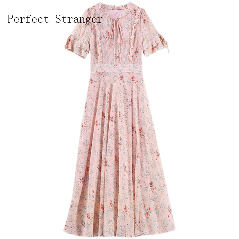 

2021 Spring Summer New Arrival Bohemian Style Plus Size M-3XL Flower Printed Short Sleeve Hot Sale Women Long Chiffon Dress