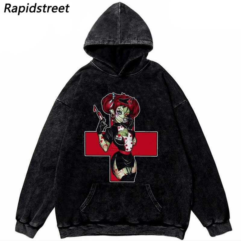 

Hip Hop Washed Hoodie Streetwear Oversize Sweatshirt Anime Girl Print Pullover Harajuku Cotton 2021 Men Autumn Hooded Hoodie