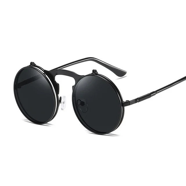 Round Steampunk Sunglasses Man Vintage Flip Celebrity Sun Glasses Male Driving Superstar Luxury Brand Designer Metal Shades 2